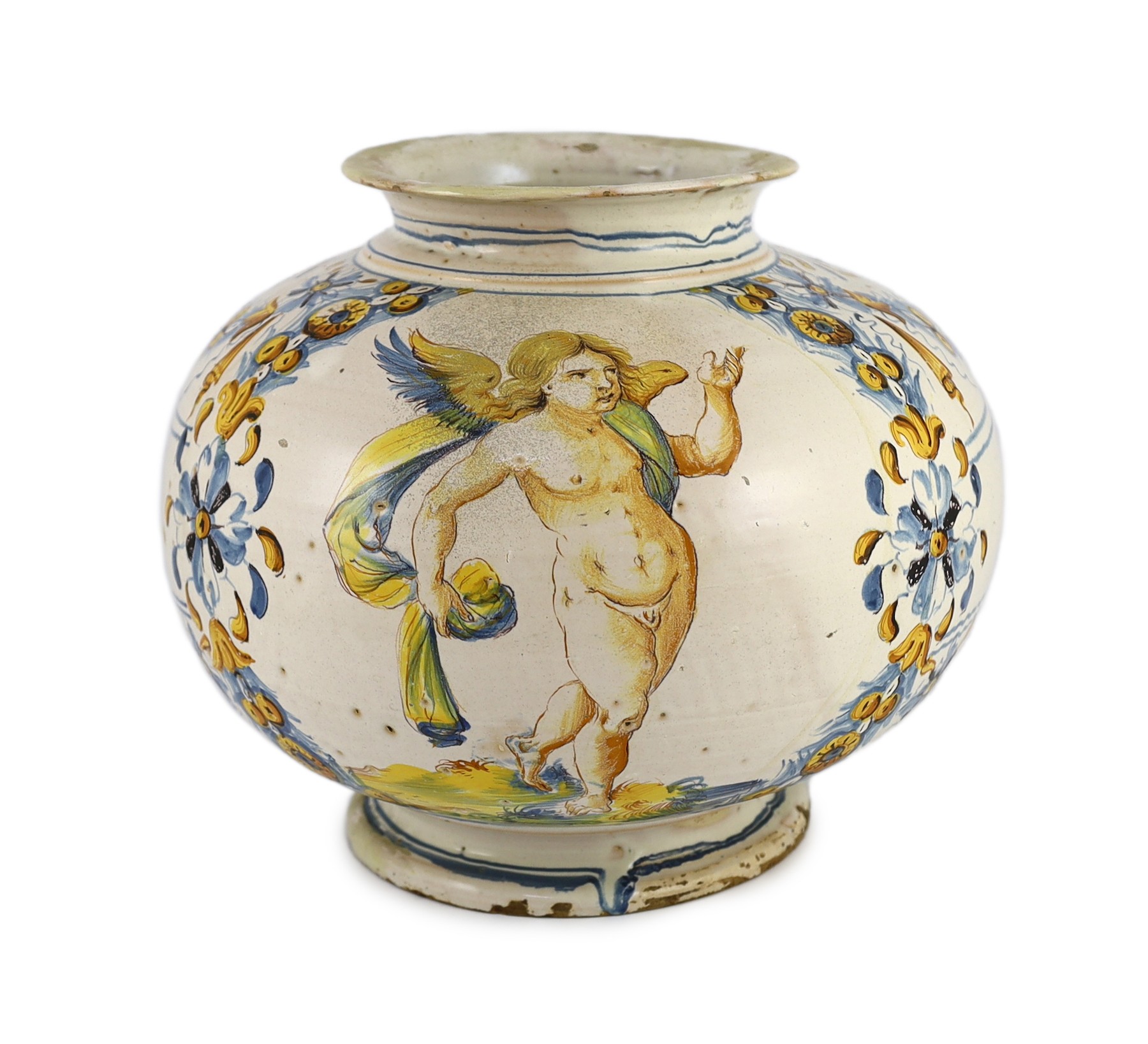 A large Italian maiolica bombola, 18th century, possibly Sicilian, 35cm diameter, 29.5cm high, some restoration, crack to base